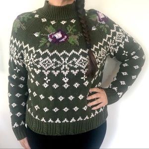 Vintage 90’s green purple floral knit ski sweater grandmacore flower